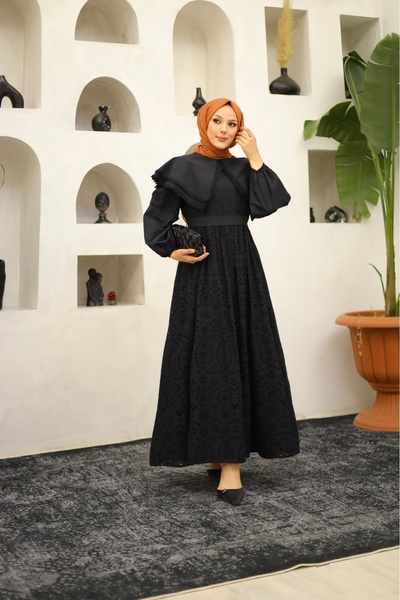 PİNK FLY Rochie lungă modest pentru femei, cu guler guler Peter Pan, croșetată, ghipură , ghipură, dantelă