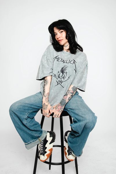 Sekizbiraltı Metallifukinca Baskılı Oversize Unisex Yıkamalı Beyaz Tshirt