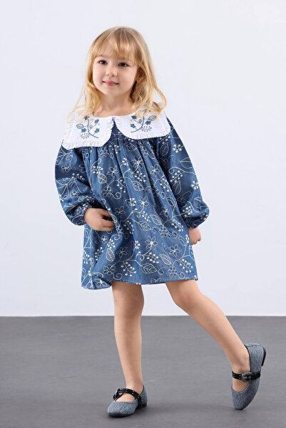 Zuma Kids Kız Çocuk %100 Pamuklu İnce Kot Nakışlı Beyaz Yakalı Baharlık Elbise