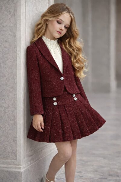 By Feyza Kids Collection Set fustă și jachetă din tweed cu nasturi perlați pe...