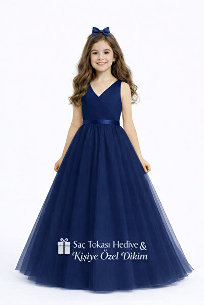 NSMLİFE Kız Çocuk Kişiye Özel Dikim LACİVERT Anvelop Abiye Elbise Doğum Günü ...