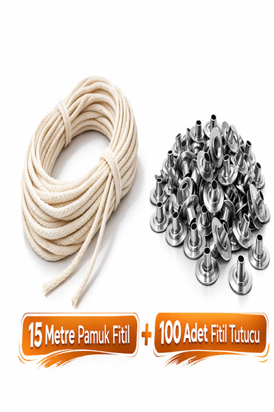 Lumiarte 15 Metre Pamuk Fitil + 100 Adet Fitil Tutucu | Mum Yapımı Fitili Seti