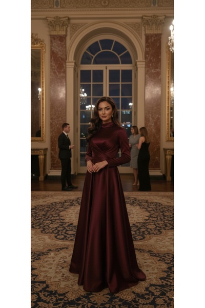 makbuleofficial Drape Detaylı Saten Kumaştan Tesettür Abiye