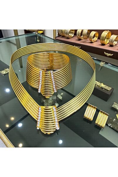 CASELN 22 Ayar Altın Kaplama Trabzon Hasırı Set Kelepçe Bileklik Kolye Küpe G...