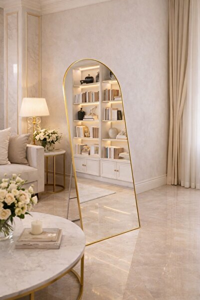 CLNK LÜX Asil Gold Kaplama Ayaklı Ayna Metal Çerçeve 180x60 Hafif Tasarım Kır...