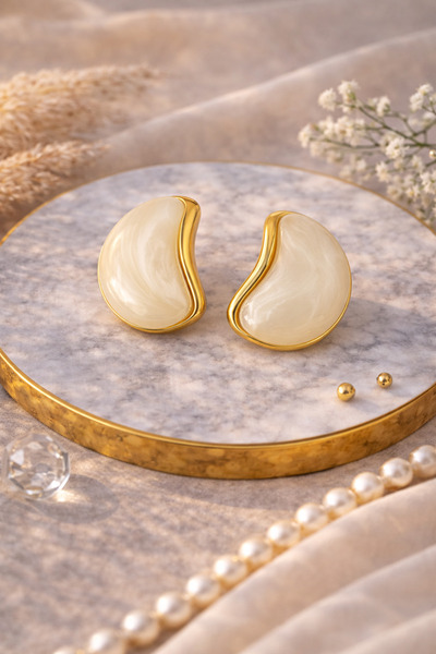 JEWELRY Krem Rengi Zarif Vintage Görünümlü Bombeli Küpe