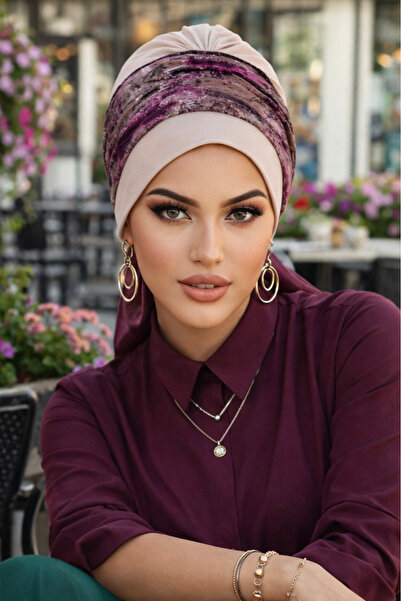 Aişe tesettür Bonnet cu bandă cu model de vopsire în os