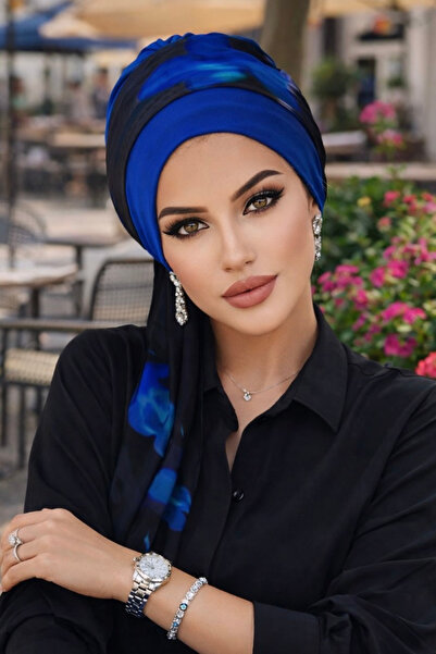 Aişe tesettür Saks Siyah Batik Fularlı Bone