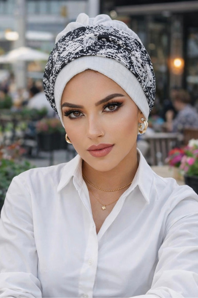 Aişe tesettür Boneta cu bandă din tricotaje etnice albe