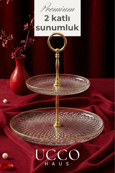 UCCO 2 Katlı Aden Premium Lüks Gold Cam Sunumluk Tabak | Çay Saati Kahve Yanı...