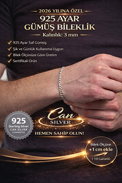 CAN SİLVER 925 Ayar Gümüş Figaro 3mm Gümüş Erkek Bileklik