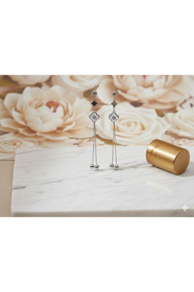 Silver Long 925 silver clover earrings with chain