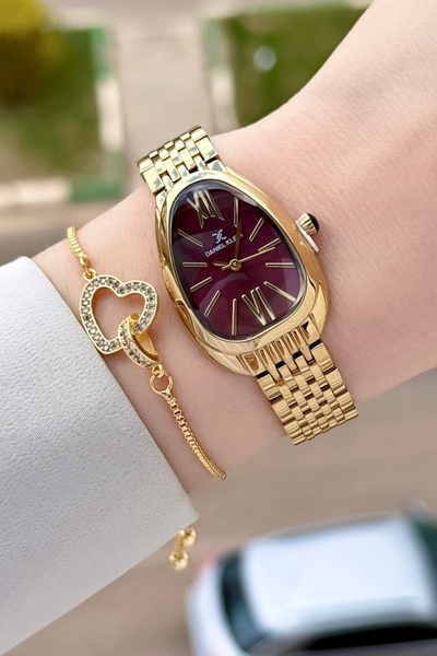Daniel Klein Dial Claret Red Code Gold Color 25 mm Women's Wristwatch and Bra...