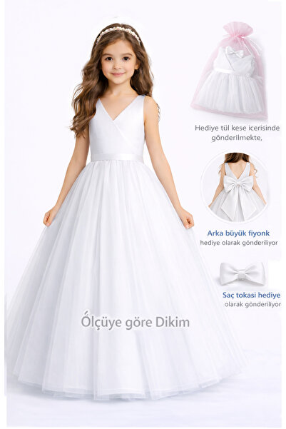 SUNEH Kız çocuk Beyaz Anvelop Mezuniyet Doğum Günü Elbise