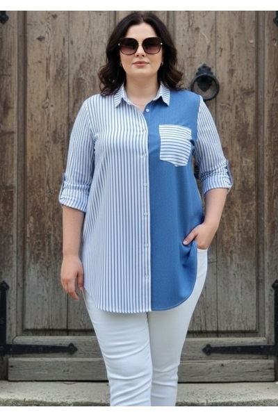FOR ESRA BIG TREND Women's Plus Size Striped and Denim Fabric Block Pocket Ep...