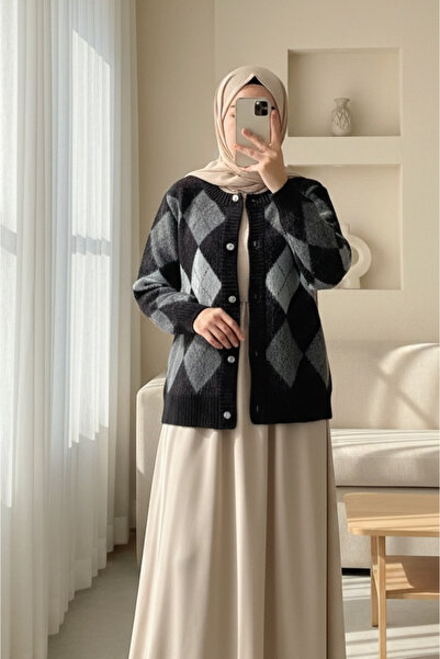HİJABAYA Τετράγωνο με κουμπιά Με σχέδιο διπλής στρώσης πλεκτή ζακέτα