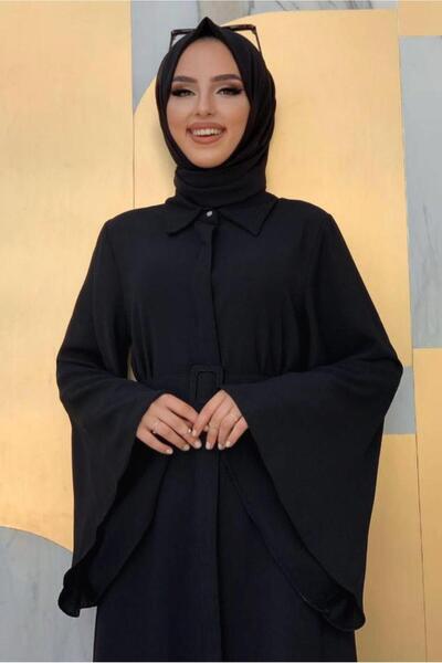 TRENDTESETTÜR KADIN SİYAH GENİŞ KOL KEMERLİ DÜZ FERACE T 9867