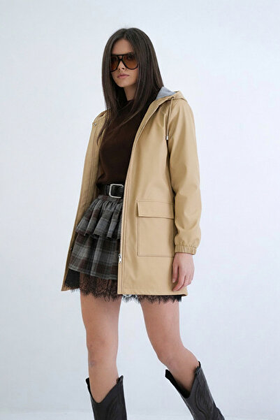 Trend Alaçatı Stili Women's Beige Hooded Zippered Double Pocket Raincoat Jack...