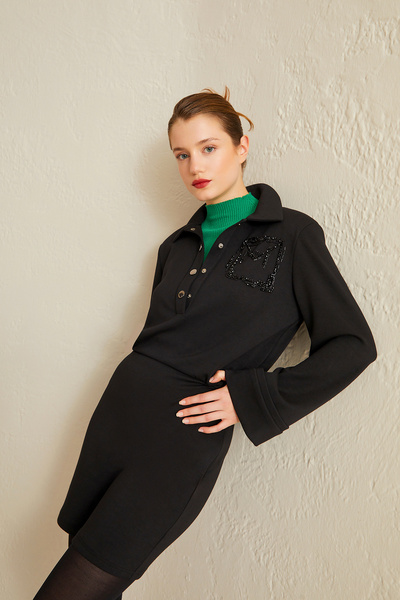 Jus De Pommes SİYAH YAKASI ÇIT ÇITLI TAŞ İŞLEMELİ MİNİ ELBİSE