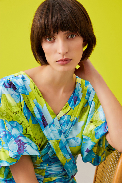 Jus De Pommes YEŞİL MAVİ ÇİÇEK DESENLİ KISA BALON KOLLU MAXİ ELBİSE