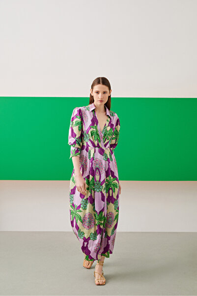 Jus De Pommes Leaf Patterned Shirt Collar Long Sleeved Maxi Dress