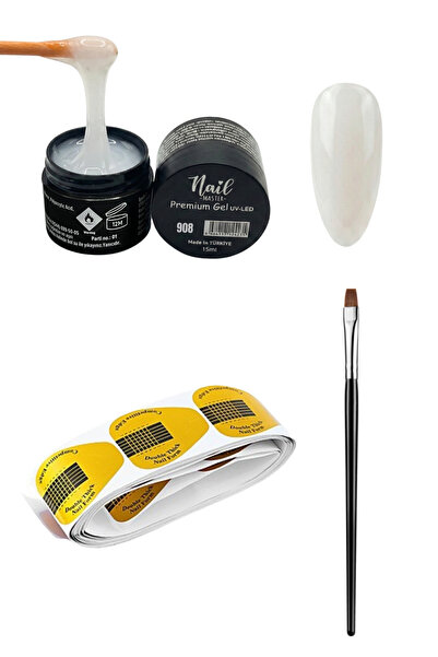 Nail Master Protez Tırnak Jeli 15ml 908 (RAKI BEYAZI) Jel Fırçası 20li Şablon