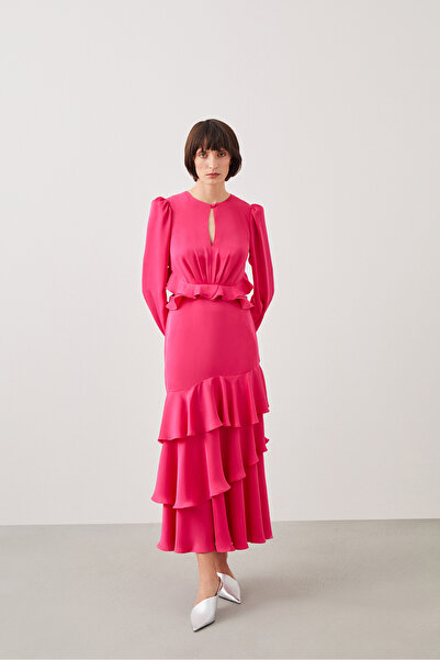 Jus De Pommes Fuchsia Ruffled Long Sleeve Maxi Dress