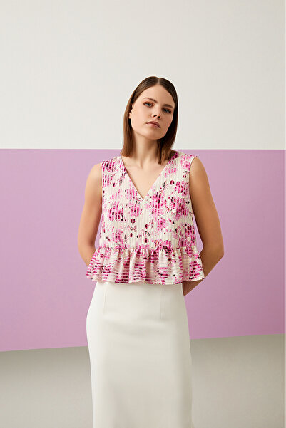 Jus De Pommes EKRU DESENLİ FIRFIRLI KOLSUZ BLUZ