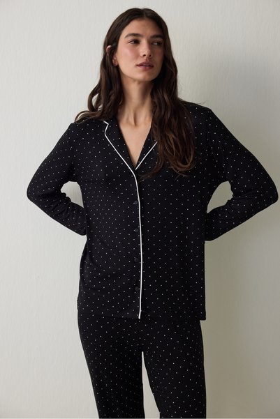 Penti Black Polka Dot Patterned Long Sleeve Shirt Pajama Set