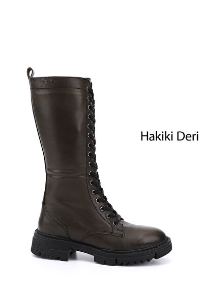 GÖNDERİ(R) Cizme din piele naturală cu toc gros, kaki, antice, cu fermoar