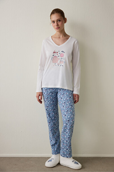 Penti Cup of Tea Patterned V-Neck Cotton Long Sleeve Pajama Set