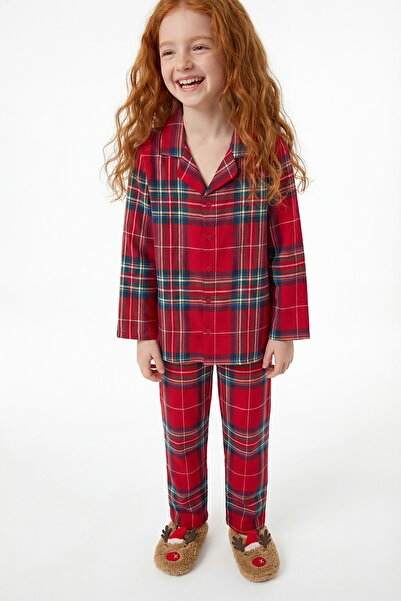 Penti Red Unisex Children's Dark Plaid Long Sleeve Buttoned Cotton Pajama Set