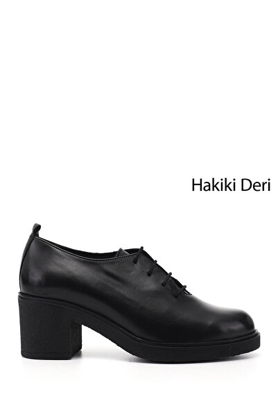 GÖNDERİ(R) Дамски черни обувки с връзки и дебел ток от естествена кожа