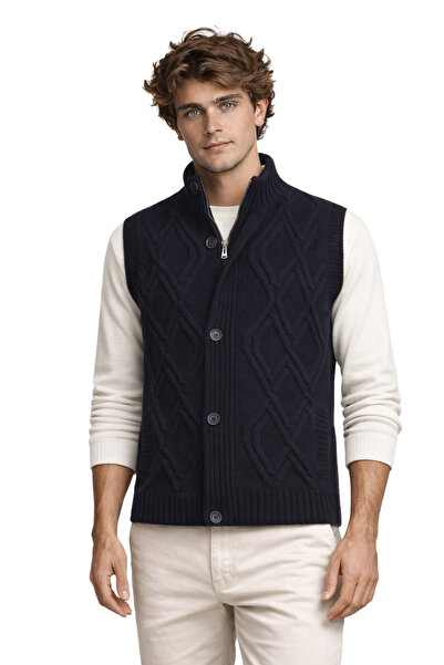 Çizgi Triko Men's Thick Knit Knitwear Vest Classic Fit with Buttons and Zippe...