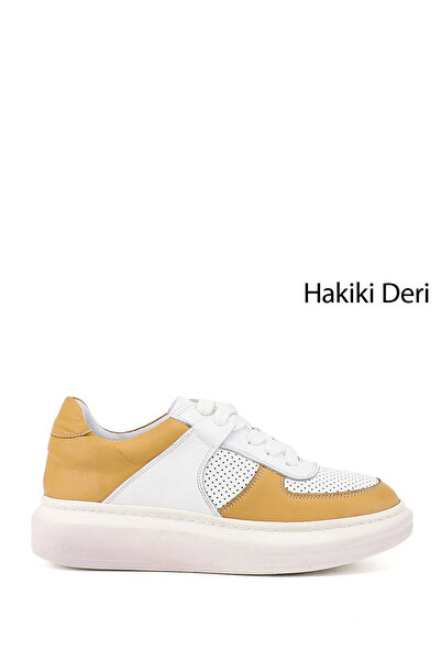 GÖNDERİ(R) Tenis de damă din piele naturală, alb, muștar, cu șireturi, cu tal...