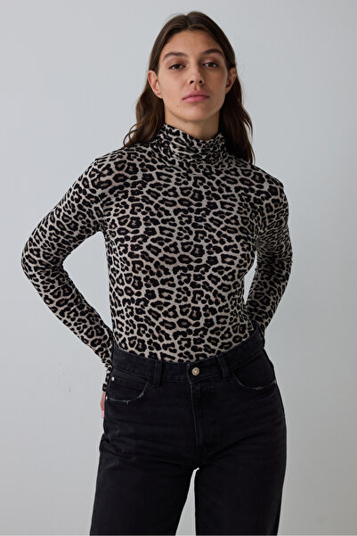 Penti imprimeu leopard Top cu mânecă lungă slim fit cu jumătate de gât înalt