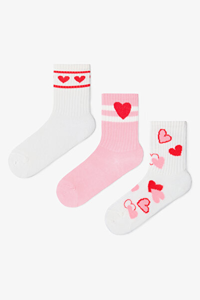 Penti Karışık Renk Kız Çocuk Pinky Love Kalp Desenli 3'lü Soket Çorap