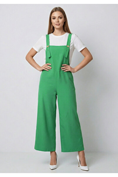 Little Visqon Kadın Geniş Paça Keten Görünümlü Bahçıvan Askılı Rahat Kesim Sa...