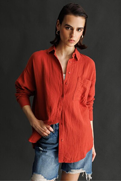 Mixray 3833 Kadın Oversize Cepli Müslin Gömlek Kiremit