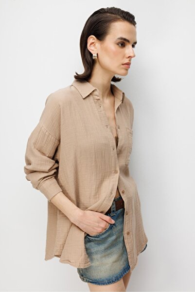 Mixray 3833 Women's Oversize Pocketed Muslin Shirt Mink