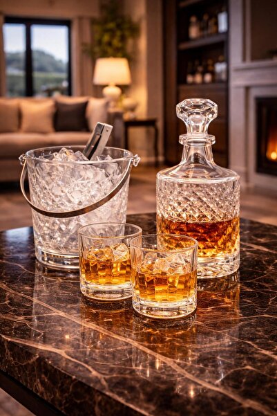 PARİONETTE 1200 CC Karaf 2 Bardaklı Kristal Seti + Maşalı Buzluk