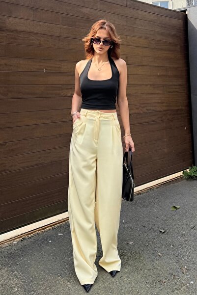 BEJNA Kadın Sarı Pens Detaylı Pileli Palazzo Pantolon