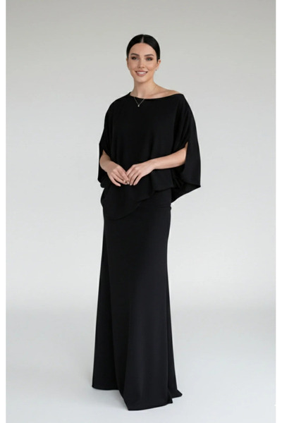 My Blog Black Shoulder Draped Satin Blouse Skirt Set - 8005