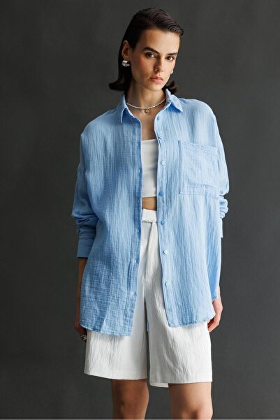 Mixray Μοντέλο 3833 - Baby Blue γυναικείο πουκάμισο μουσελίνας μεγάλου μεγέθο...