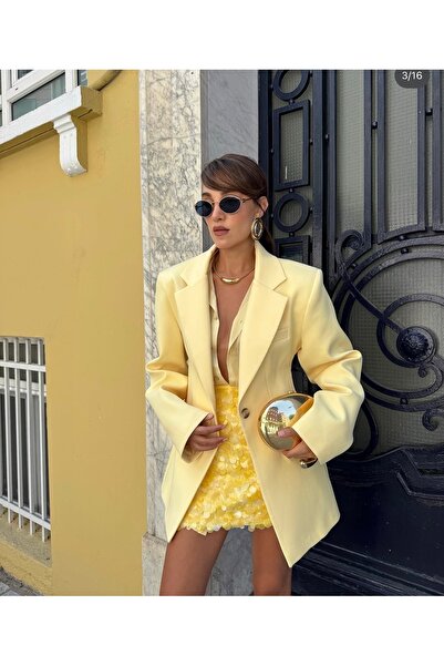 NURCAN KESKİN STORE Butter Yellow Sarı Vatkalı Belden Oturan Blazer Ceket