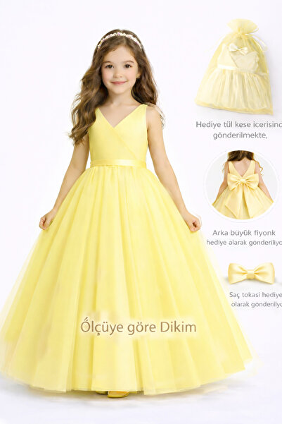 SUNEH Kız çocuk Sarı Anvelop Mezuniyet Doğum Günü Elbise