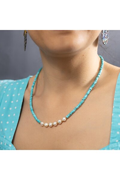 Ezera Colier tip choker turcoaz - piatră Shoushan cu perle de apă dulce, plac...