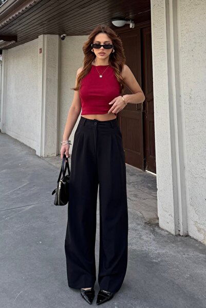 BEJNA Schwarze Palazzo-Hose mit Falten und Paspelierung für Damen