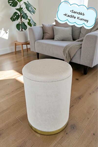 Arte Cotone Bej Krem Kadife Kumaş Dekoratif Silindir Koltuk Sandıklı Puf 32 X 43