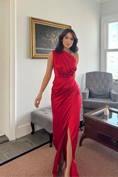 Mekafashion Fiona One Sleeve Draped Satin Red Evening Dress